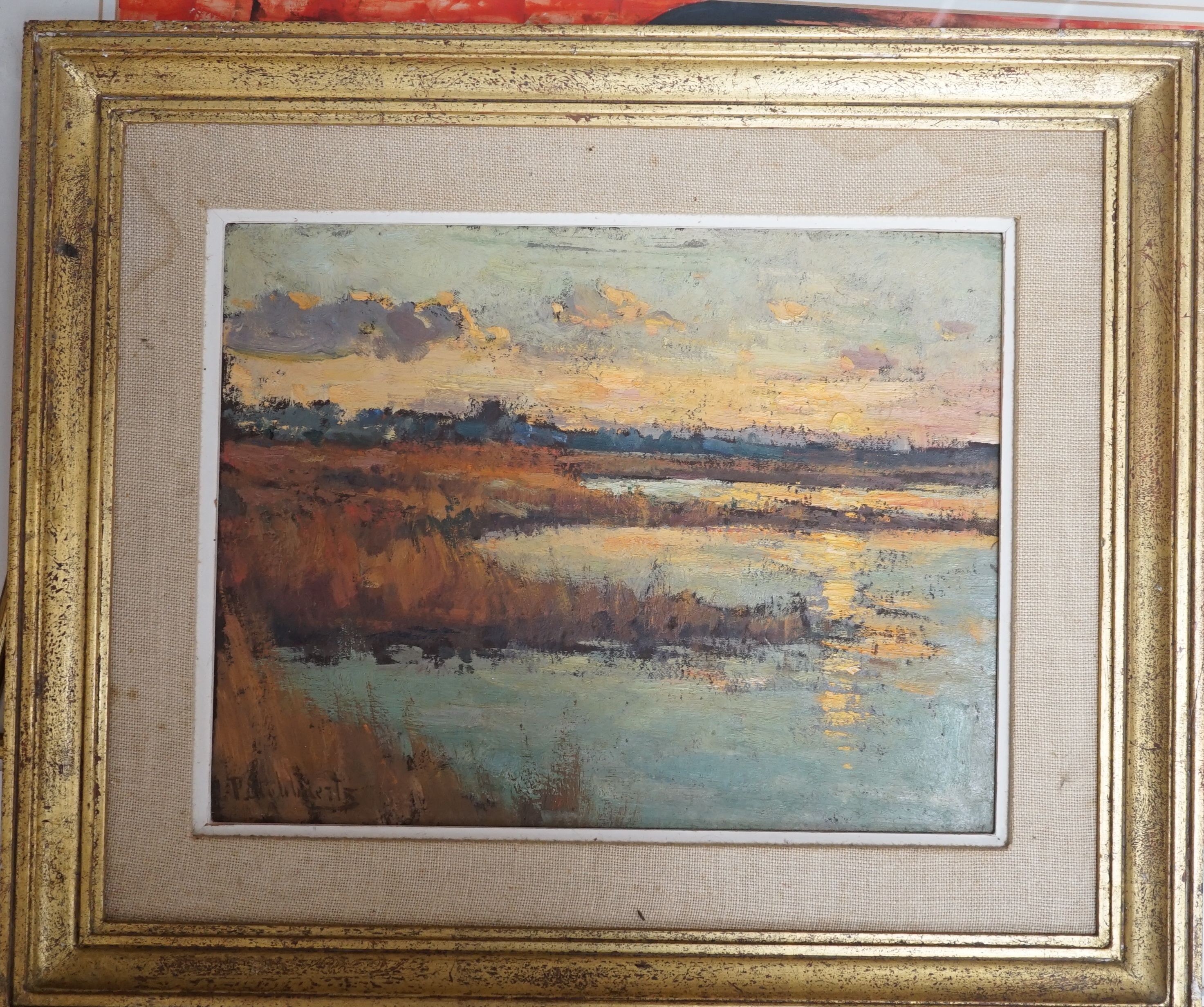 Pieter Stobbaerts, oil on board, Sunset over a lake, signed, 26 x 34cm